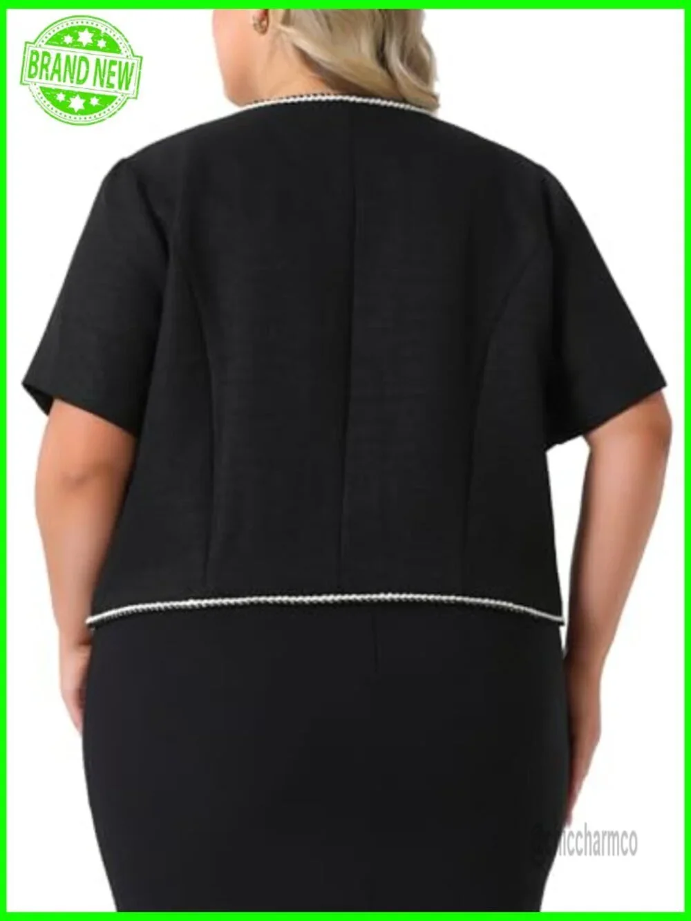 Plus Size Collarless Tweed Blazer Short Sleeve Open Front Work Jacket